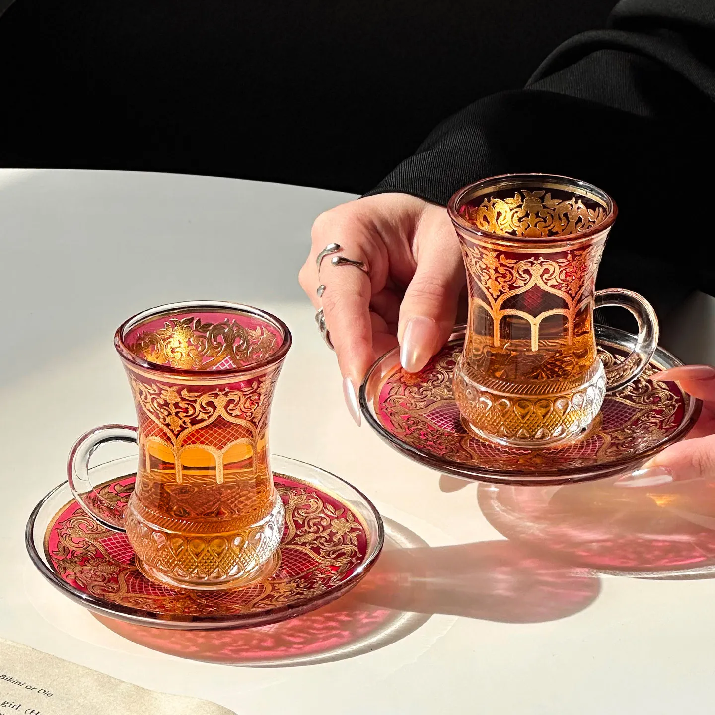 Vintage Turkish Glass Set 2026 New Household 80ml Red Embossed Coffee Cup High End Beautiful Afternoon Tea Exquisite Round Dish view 5