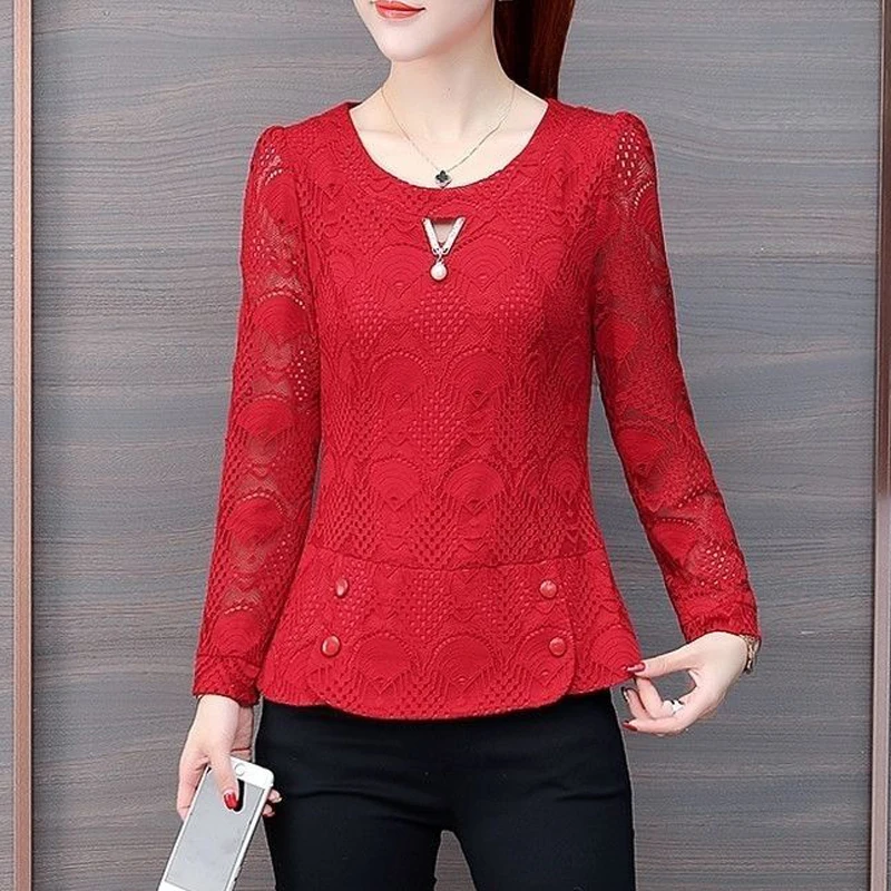 Women's Clothing 2024 Spring Autumn Korean Fashion Hollow Lace Elegant Blouses Female Casual Solid O Neck Long Sleeve Slim Tops