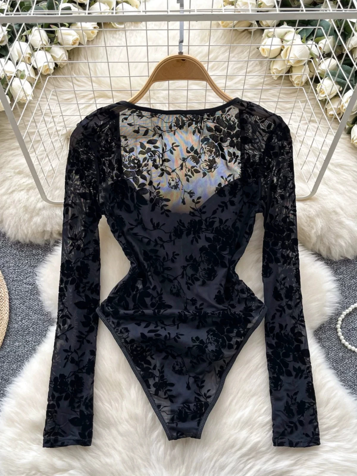 High Grade Flowers Flocking Bodysuit Top For Women Lady Mesh Transparent Square Collar Buttons Jumpsuit Slim T-shirt Long Sleeve