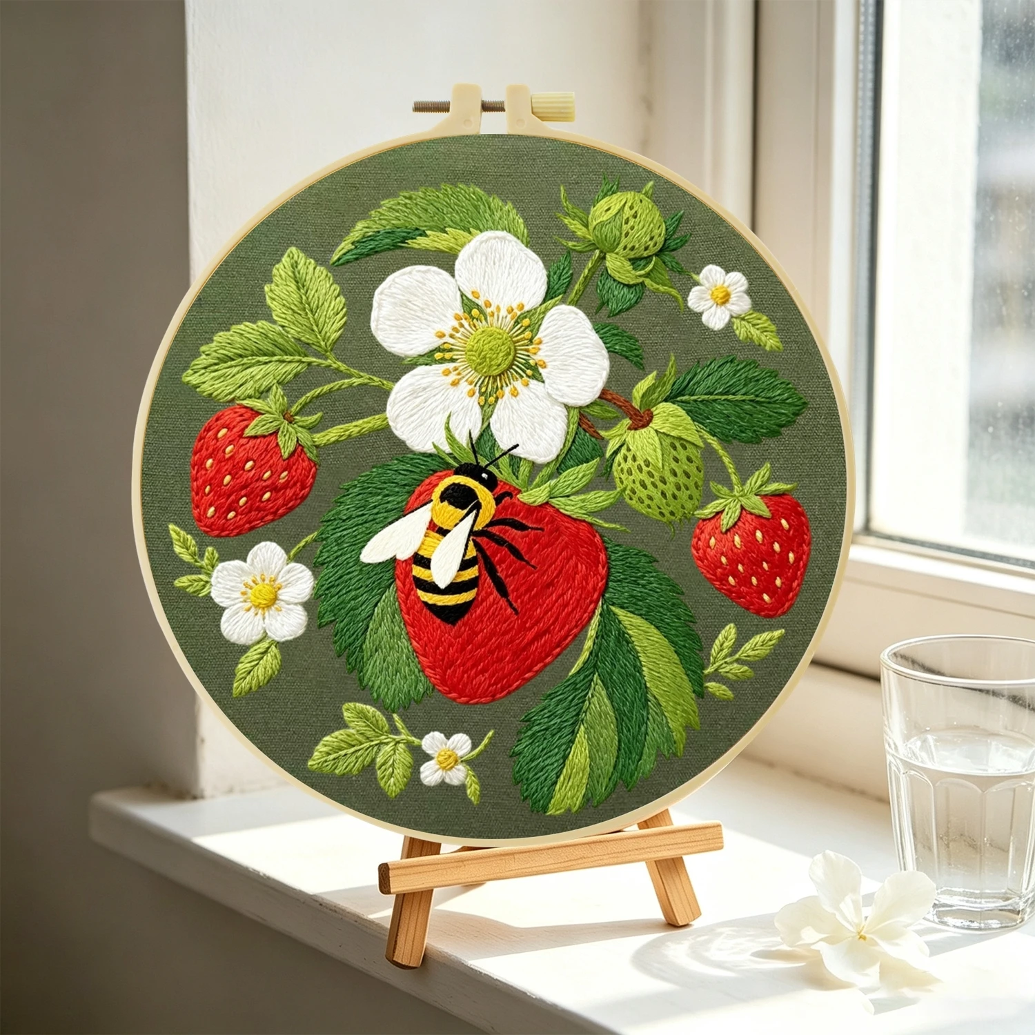 1 Set Erdbeer-Bienen DIY-Stickerei-Set für Anfänger, Stick-Starter-Kit, Kreuzstich-Kunstgeschenk, Nadelarbeits-Bastelset – Detail 4