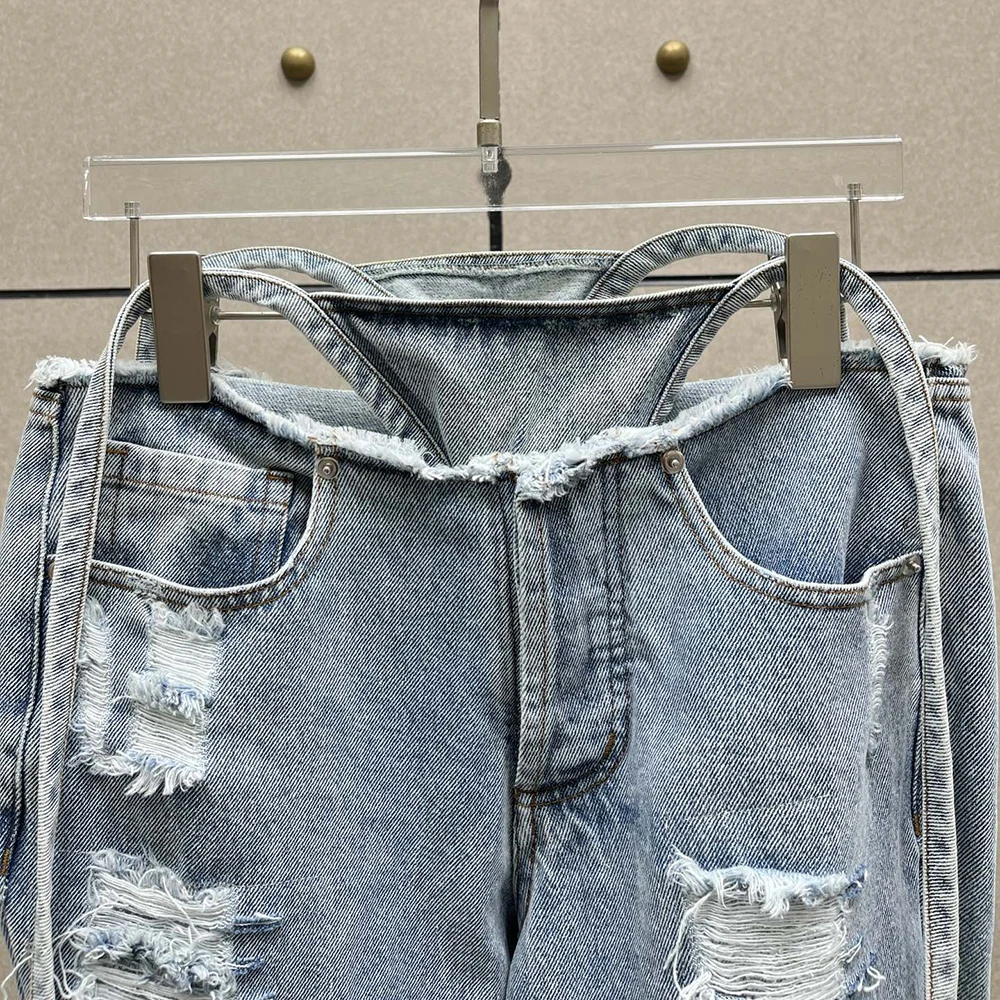 Damskie jeansy bawełniane Y2k Vintage sprane dziury przetarcia spodnie ażurowe ozdobione gorącymi diamentami proste spodnie nowość jesień 2025