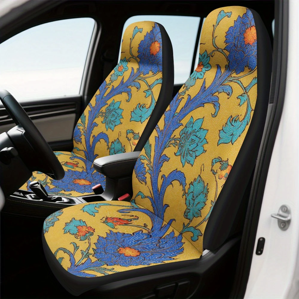 

2pcs Vibrant Ornate Floral Elegance Print Car Seat Covers - Washable Polyester, Fit For Cars, SUVs, Trucks, Enhances Car Interio