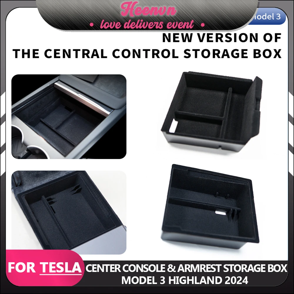 For New Tesla Model 3 2024 Highland Center Console Armrest Storage Box Organizer Central Flocking ABS Model3 InteriorAccessories