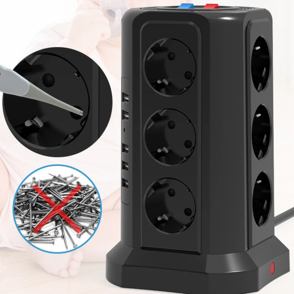 Tower Multi Power Strip Vertical EU Plug 12 Way Outlets Sockets with USB Surge Protector Circuit Protection 2m Extension Cord