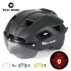 WEST BIKING Men Women Sport Cycling Helmet Magnetic Visore Goggle Helmet MTB Road Bike Safe Cap With Taillight Bicycle Equipment