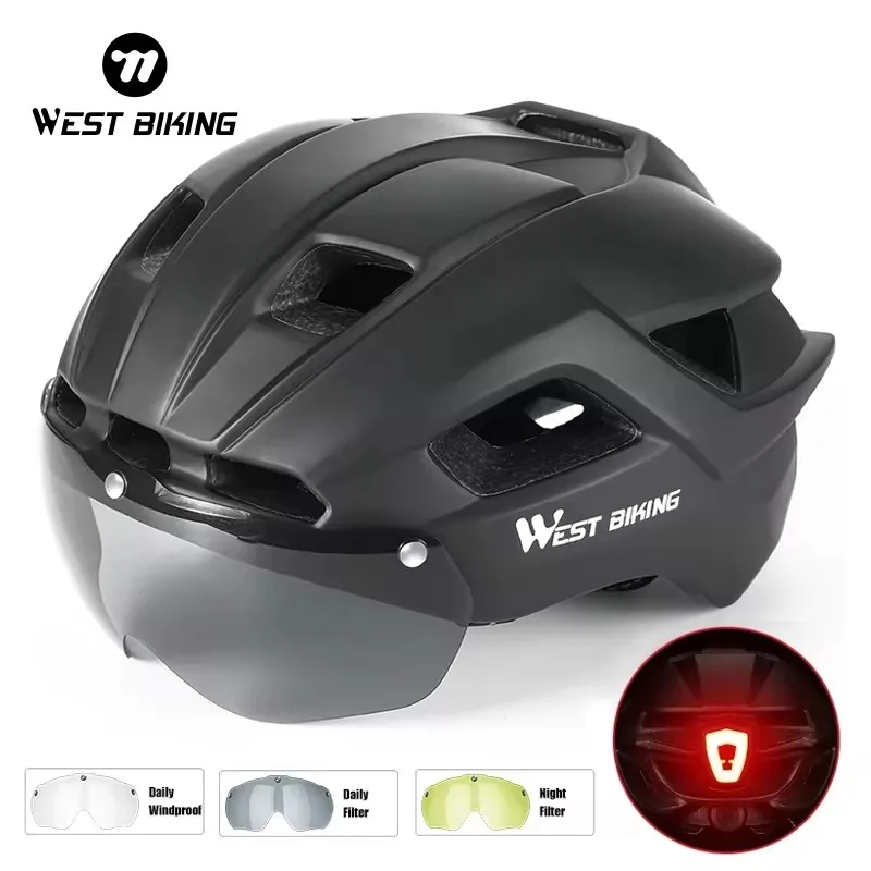 WEST BIKING 남녀공용 스포츠 사이클링 헬멧, 마그네틱 바이저 고글 헬멧, MTB 도로 자전거 안전 캡, 미등 자전거 장비