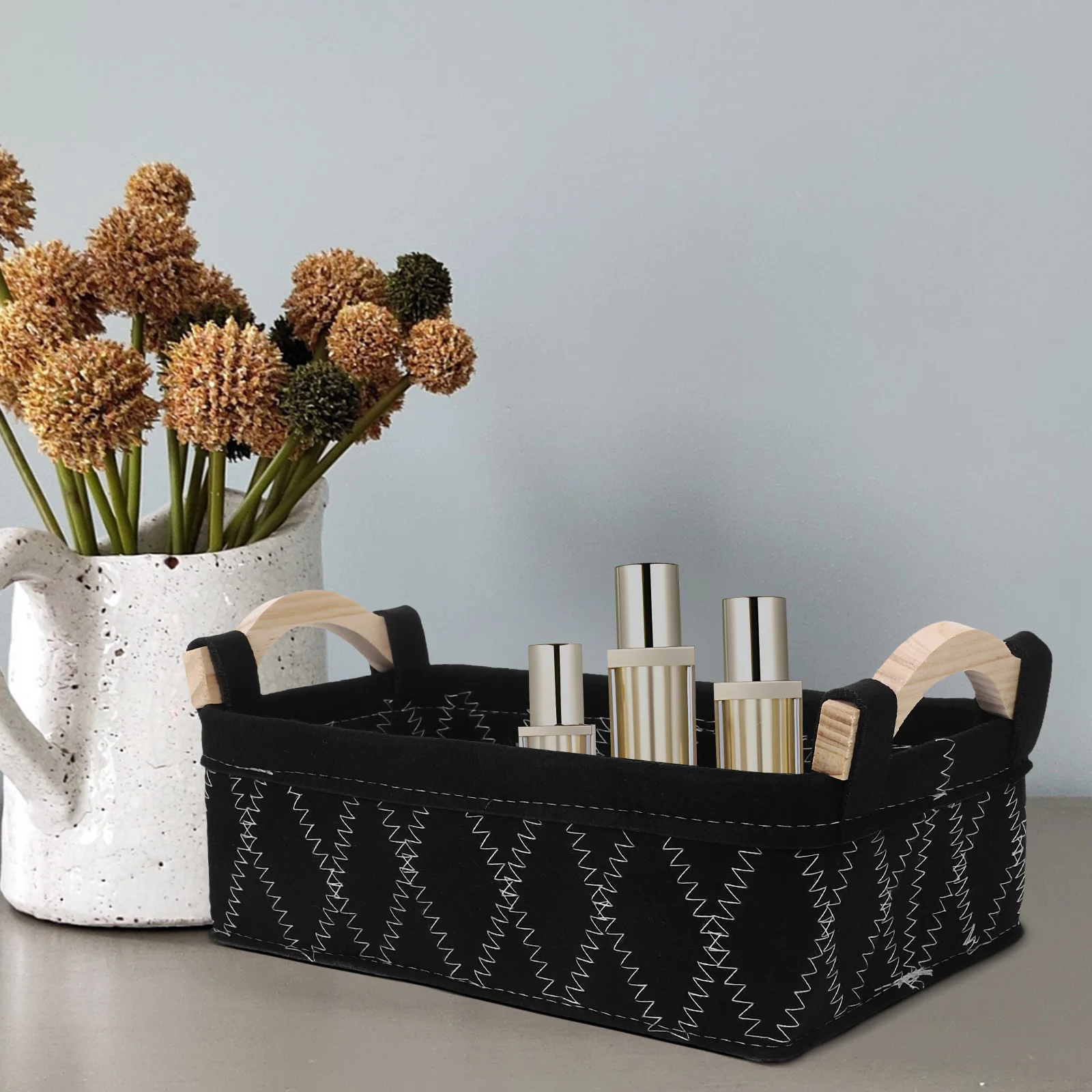 

Rectangle Felt Storage Basket Wooden Handle Multipurpose Organizer for Snacks Makeup Cosmetics Office Home Storage Bin