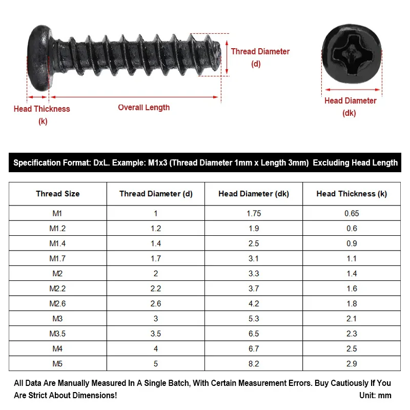 M1-M5 Hardened Black Phillips Pan Head Plain Tail Self Tapping Screws Micro Fasteners For Electronic Toy Plastic Repair Supplies