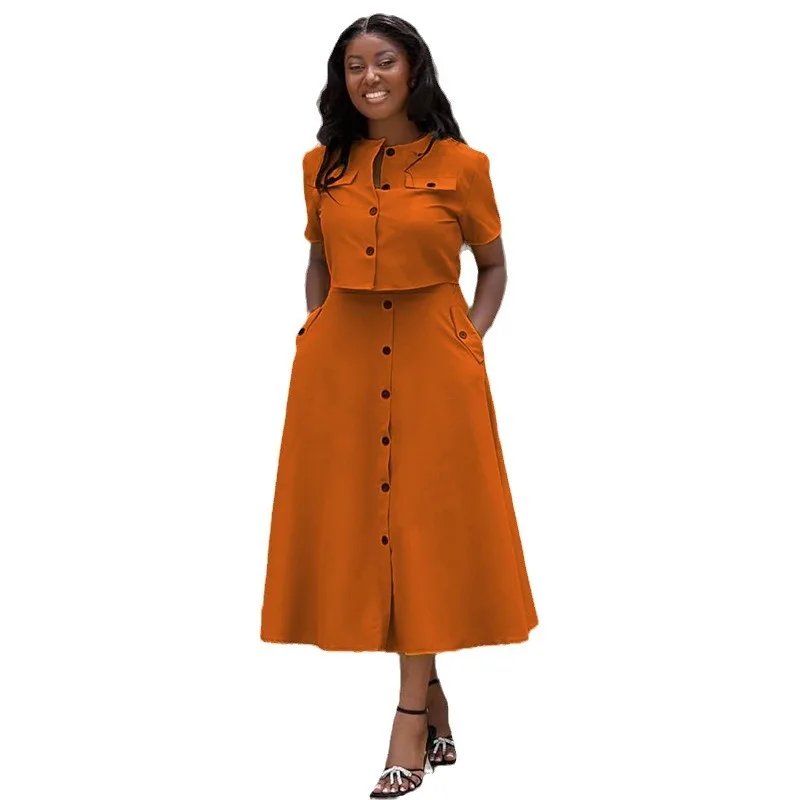 Women Set Street Short Sleeve O-Neck Button Tops +midi Skirts Suits two piece skirt set women 2024 Summer OL Fitness Tracksuits