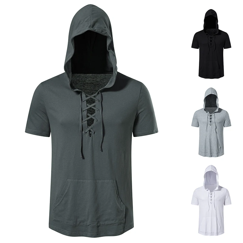 2023 Summer Men\'s Hooded Tshirt Men Casual Pirate Collar Top Tees Fashion Male Basic Short Sleeved Lightweight Cotton T-Shirts