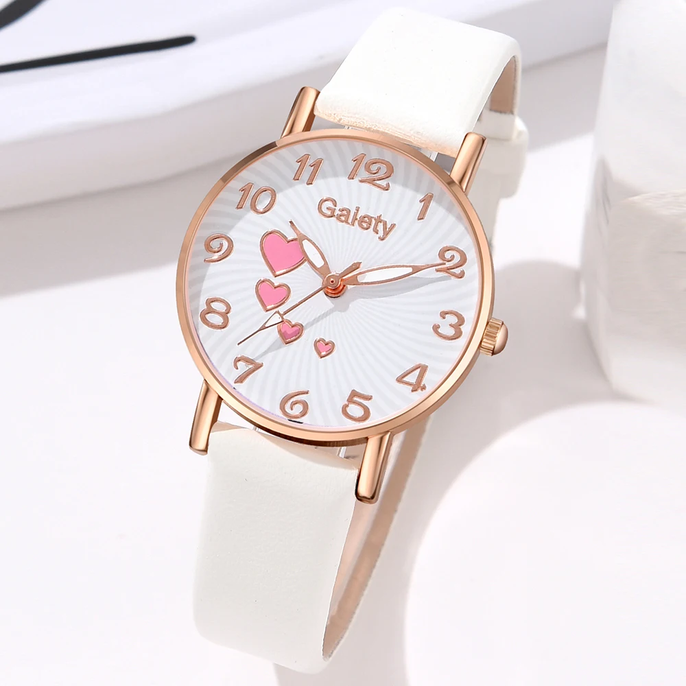 Gaiety White Ladies 6PCS/Set Quartz Watch Leather Strap Wristwatch Love Dial Watch White Love Jewelry Jewelry Set Gift For Her