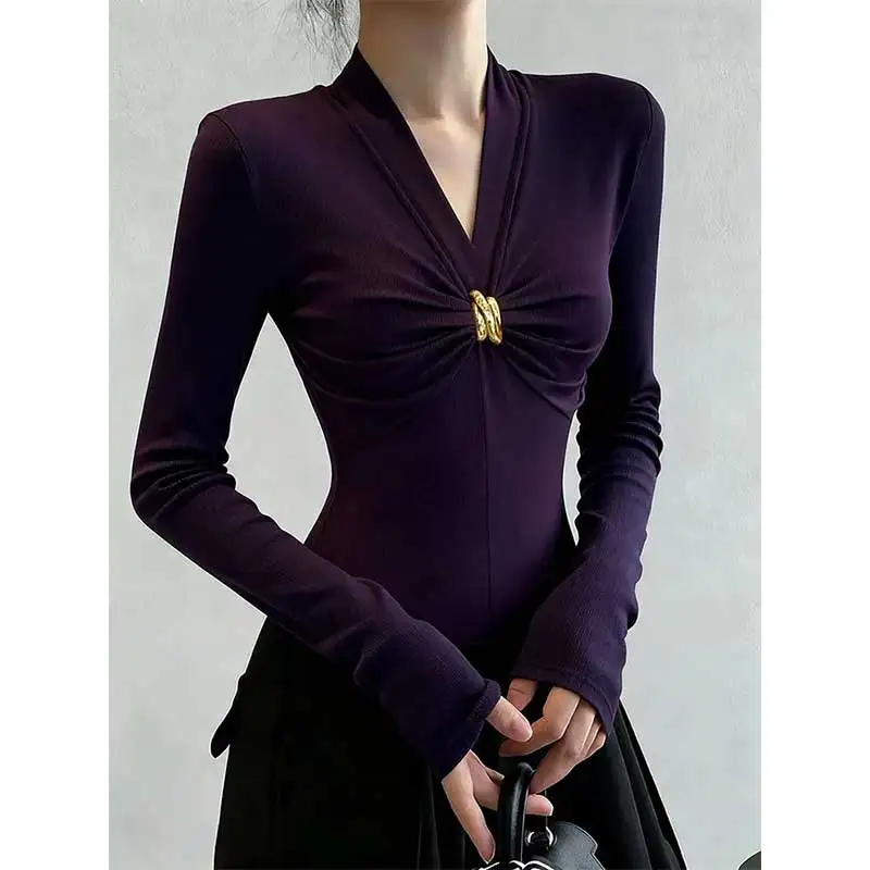 

Women Clothes Autumn Winter Fashion Simplicity Sexy All-match Solid Color V-neck Female Bottoming Shirt Pullovers Long Sleeve