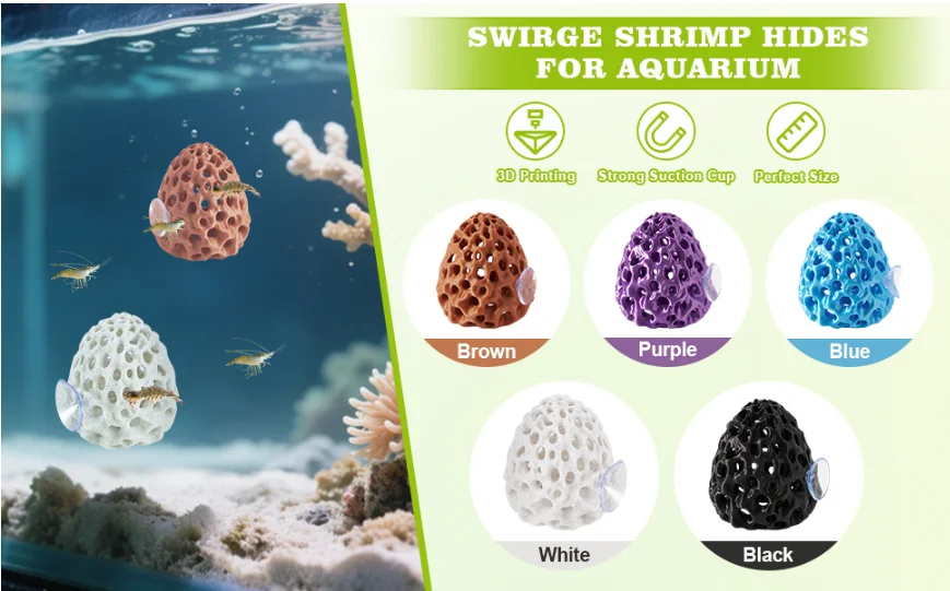 مخبأ الروبيان لحوض السمك، مخبأ سمكة بيتا مع كوب شفط، ديكور حوض السمك للأسماك الصغيرة، إخفاء الاستراحة