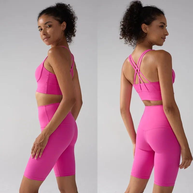 

2 Piece Women's Yoga Gym Sports Clothes Set Cross Back Bra Top with High Waist Shorts Fitness Running Workout Tracksuit