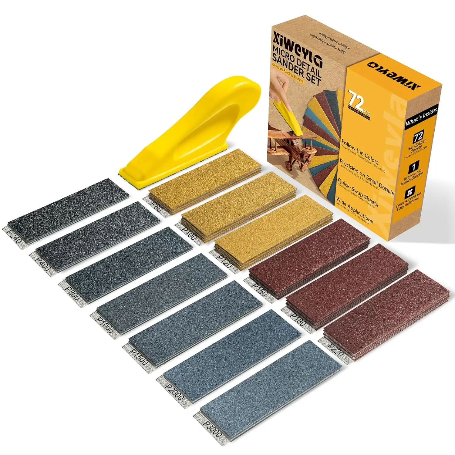 

72PCS Sandpaper Set with Ergonomic Hand Sander – 13 Grit Levels 80-3000 for Wood, Crafts & DIY Furniture Projects