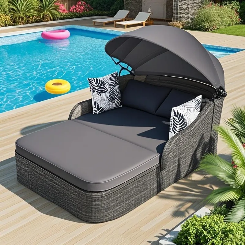 

Patio Daybed with Retractable Canopy, PE Rattan Sunbed for Garden, Backyard, Porch, High-Resilient Soft Cushions, Cushio