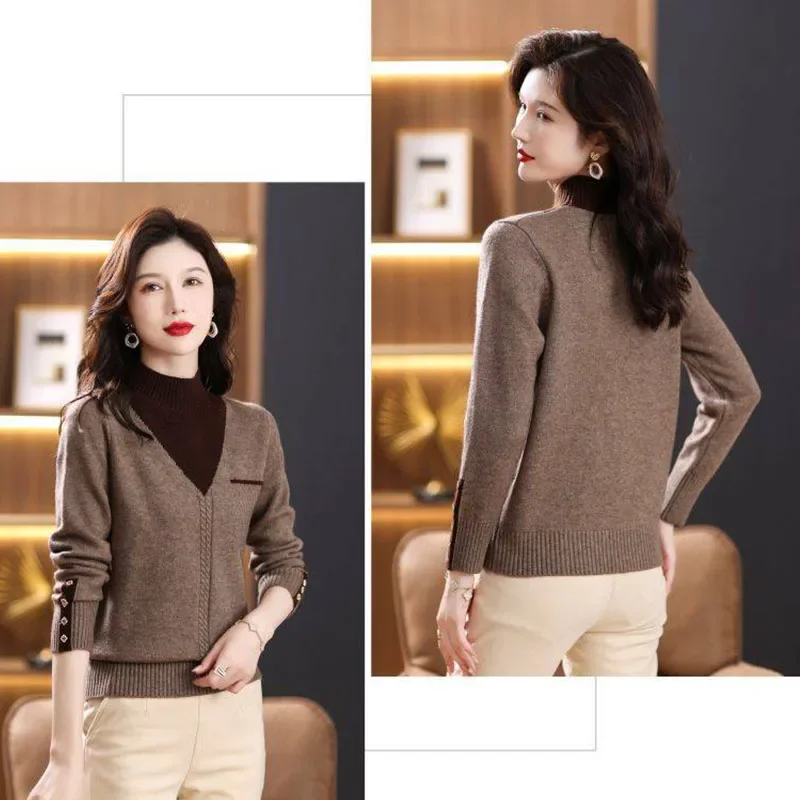 

Women Vintage Splicing Panelled Sweaters Autumn Winter Streetwear Fashion Mock Neck Long Sleeve Casual Slim Knitted Pullovers