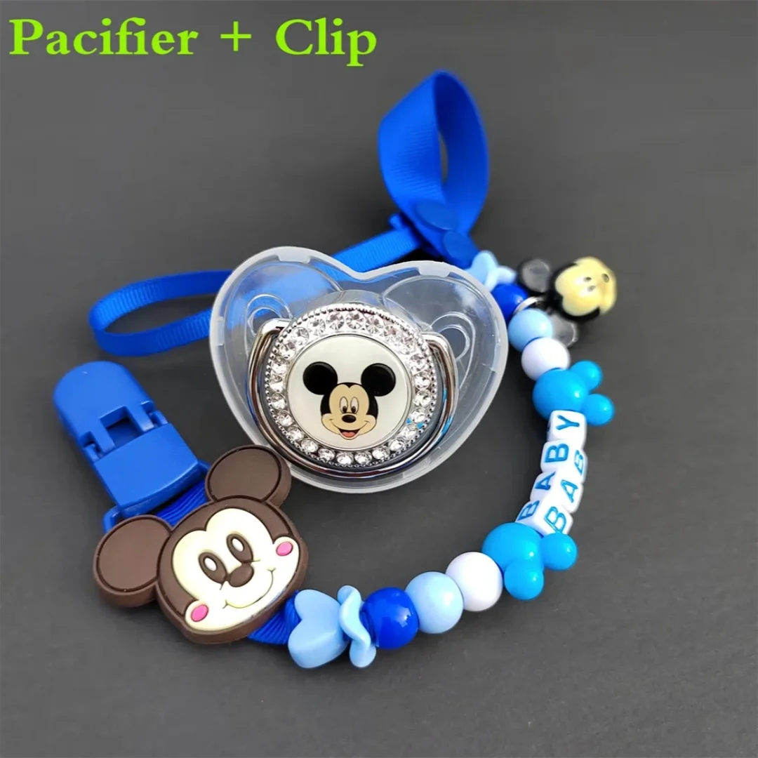 [Bead chain can be customized]Bling Bling Mickey Mouse Baby Pacifier with pacifier clip Luxury pacifier Baby bath gift for 0-24M