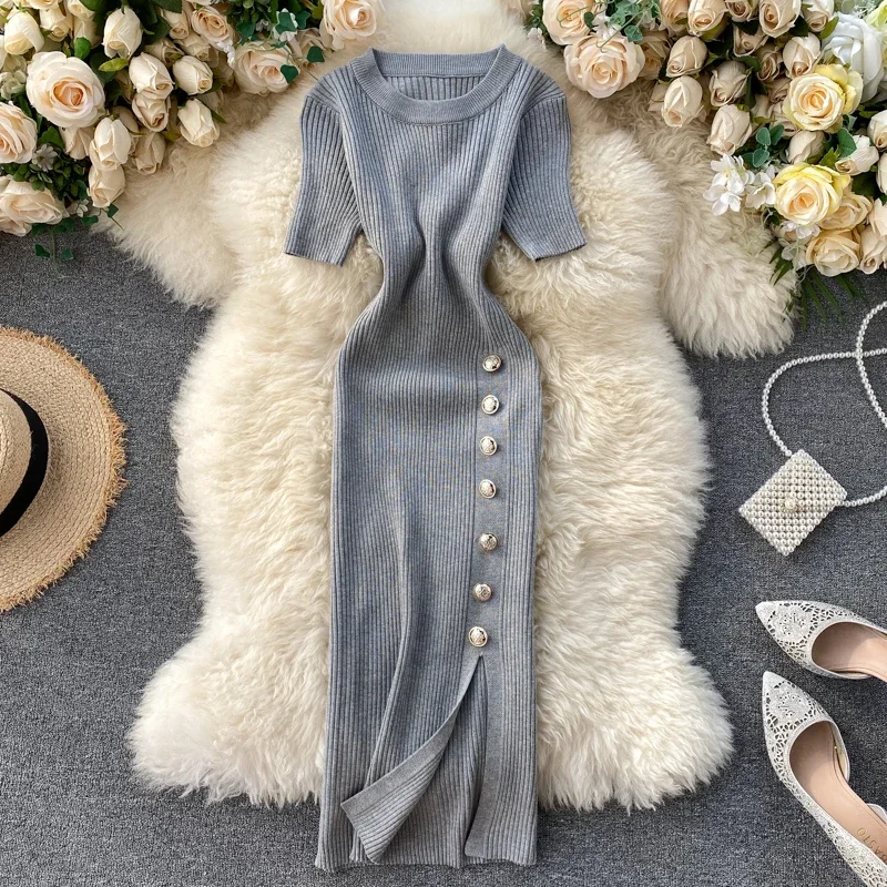 Vestidos Solid Korean Vintage High Waist Women Dress Bodycon Sexy Stretch Knitted 2024 Summer Dresses Chic 16347