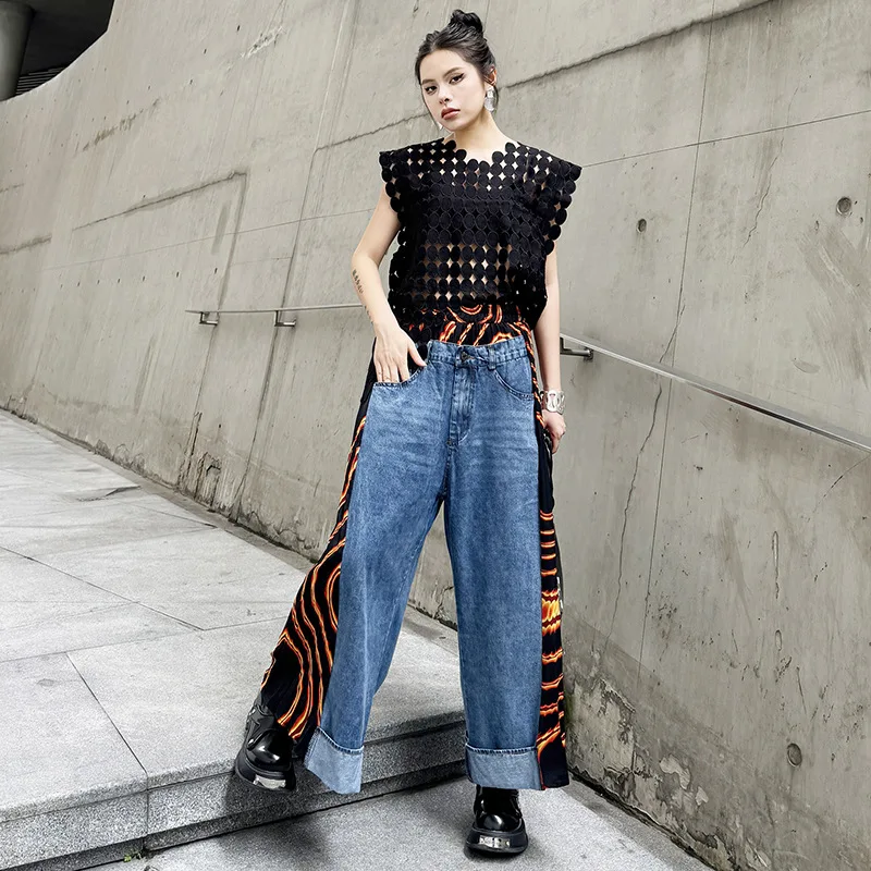 

Женские джинсы, широкие брюки, джинсовые лоскутные принты, потертые карманы, уличная одежда с высокой талией, прямые брюки до щиколотки, 2025 г.
