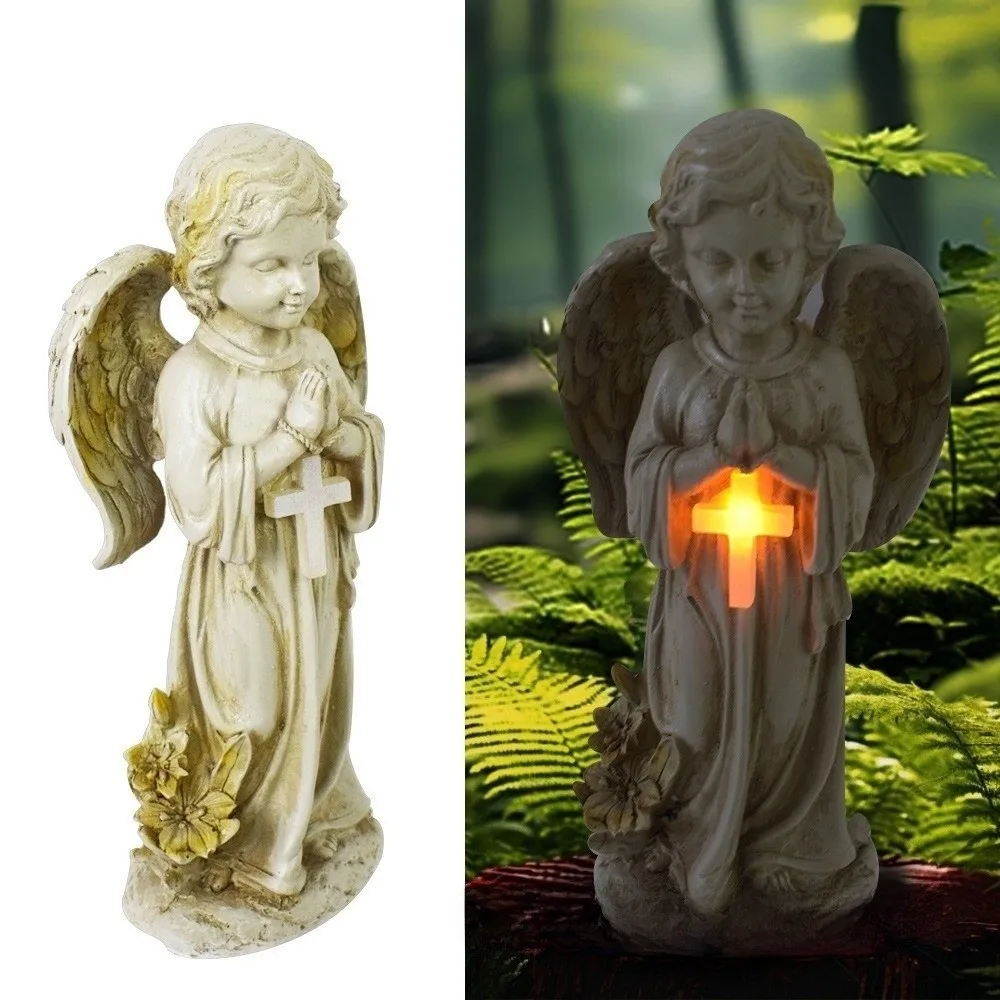 Resin Material Solar Garden Angel Statue Solar Powered Figurine Style Memorial Angel Praying Pose Lawn Ornament