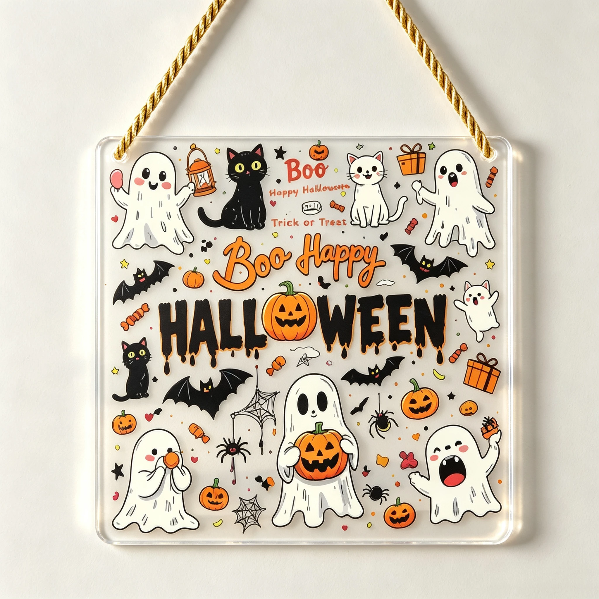 Boo Trick‑or‑Treat Square Door Hanger, Pumpkin Bat Spider Porch Plaque,Happy Halloween Square Acrylic Hanging Sign, Cute Ghost Black Cat Door Wall Decor