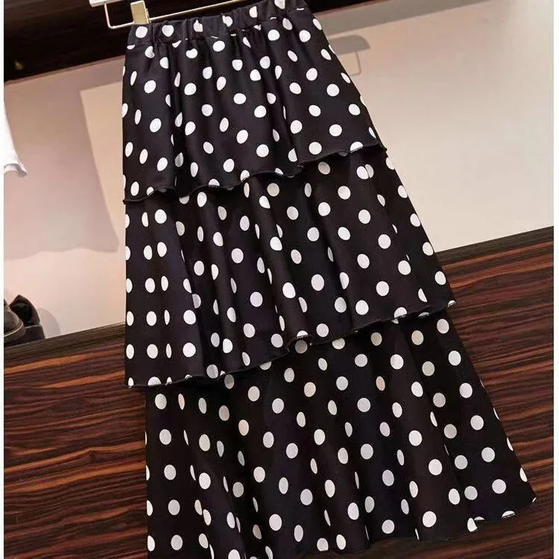 Summer Fashion Bohr Dot Slim Four Layers Chiffon Skirt Women Classic High Waisted Korean All-match Lady Casual Cake Skirt