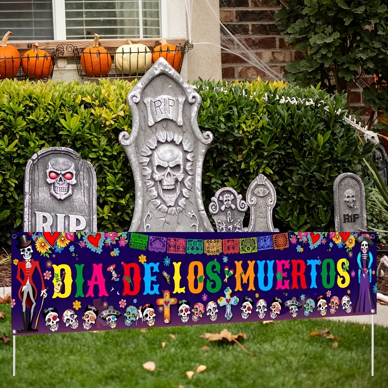 Day of The Dead Fence Banner Dia De Los Muertos Sugar Skull Mexican Holiday Photo Booth Backdrop Outdoor Decoration