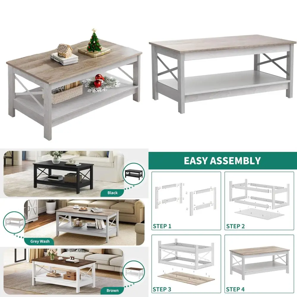 

Grey Wash Wood 2-Tier Living Room Coffee Table with Storage