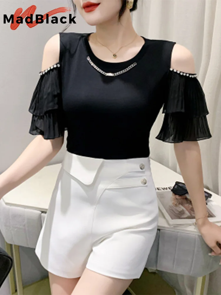 MadBlack Summer European Clothes T-Shirt Sexy Off Shoulder Shiny Diamonds Women Slim Tops Short Ruffled Sleeve Tees 2023 T34621M