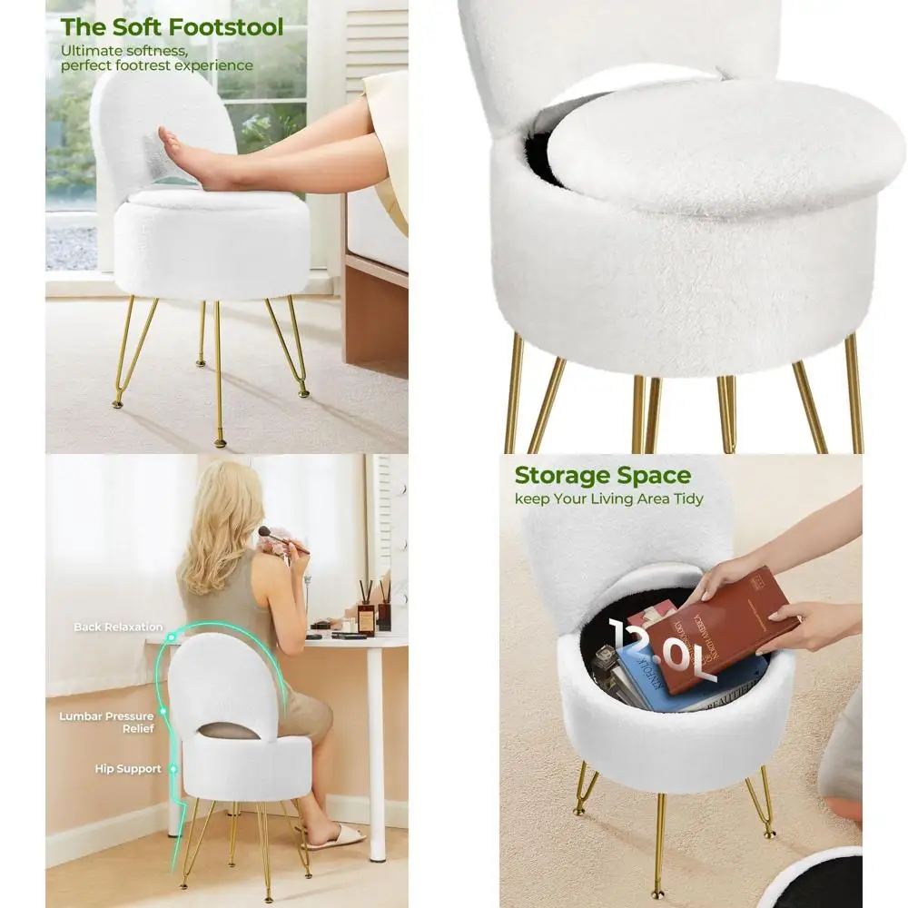

Folding Vanity Chair with Storage, 15.7 x 15.7 x 19.5, Soft Faux Fur Ottoman, Metal Legs, Anti-Slip, Makeup Seat, Bedroom, White
