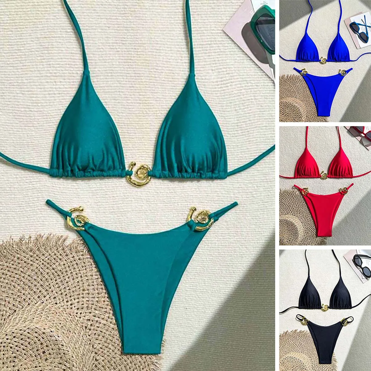 

Sexy Triangle Push Up Brazilian Bikini Swimwear Bikinis Women Ring Linked 2 Piece Bathing Suit Beach Wear Swimsuit Biquini Femme