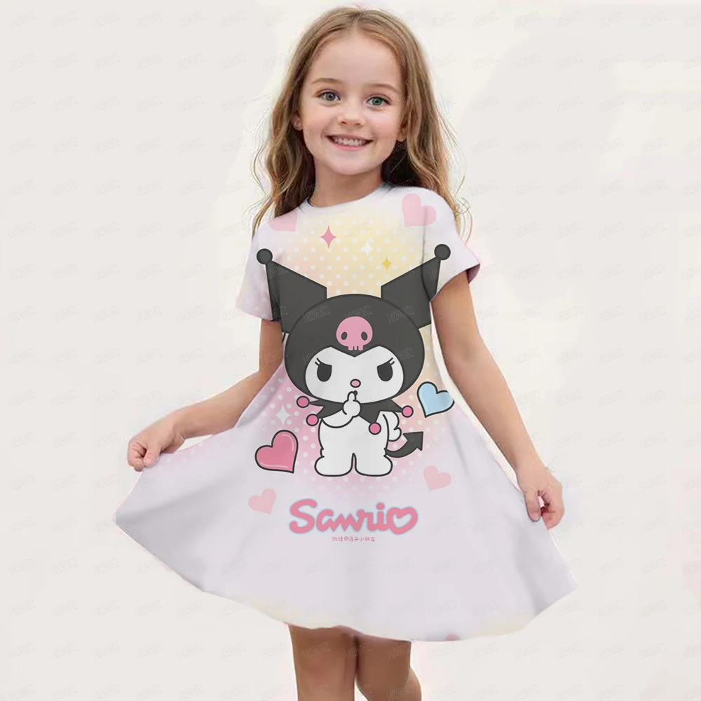 MINISO New Summer Girls Dress Hello Kitty 3D Printed Fashionable Cartoon Cute Princess Girls Clothes Skirt Party Boys Kitty Cat