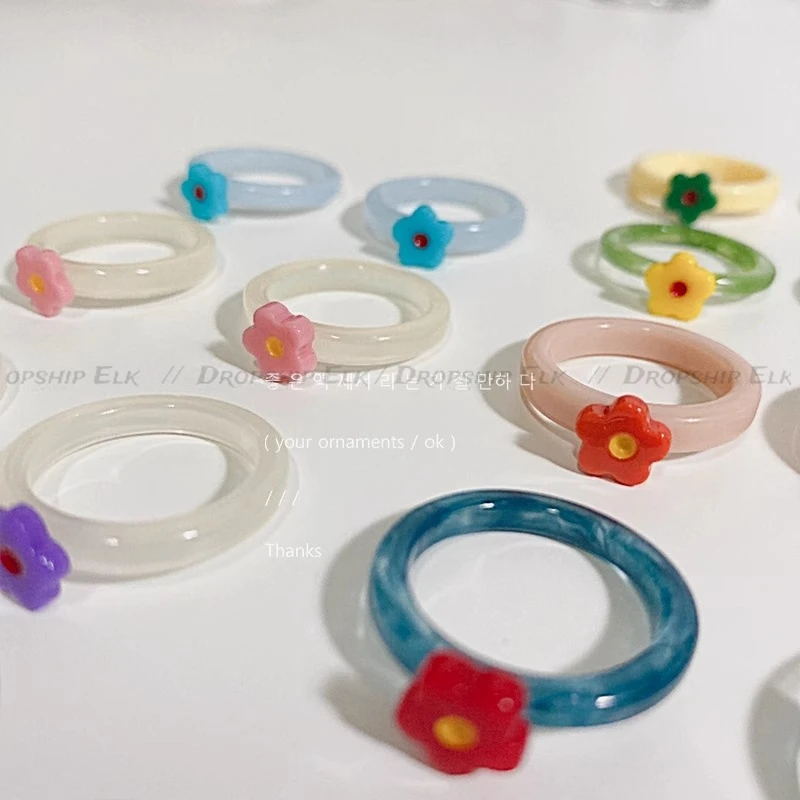 Colorful Enamel Heart Sweet Ring Trendy Geometric Dripping Oil for Women Girls Funny Y2K Chunky Jewelry Summer NEW