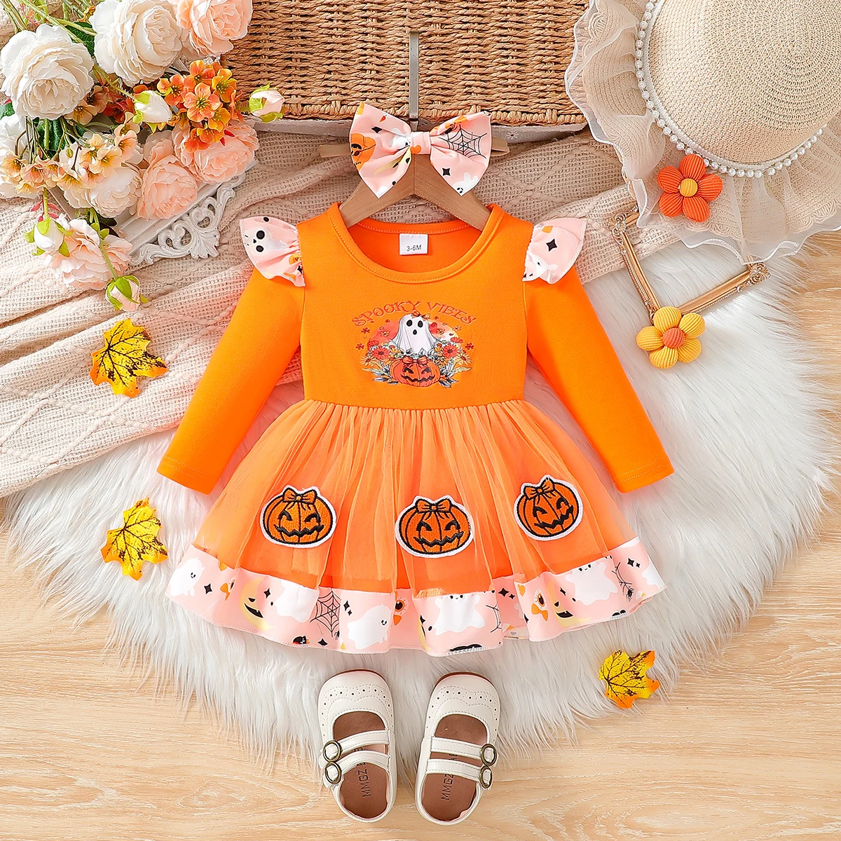 2Pcs Baby Girls 0-24M Halloween Newborn Infant Toddler Long Sleeve Autumn Pumpkin Ghost Print Dress For Cute+ Headband