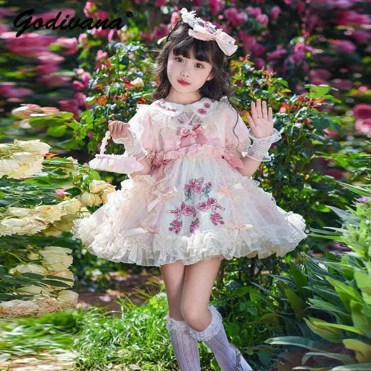 

Girls Sweet High End Heavy Rose Maiden Princess Lolita Dress Summer New Kids Floral Embroidery Doll Collar Birthday Tutu Dress