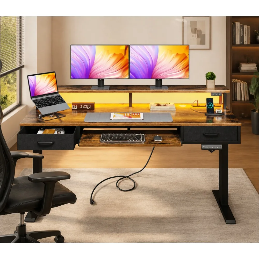 55 Inch Standing Desk with Drawers and Keyboard Tray, Rustic Brown