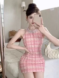French Sweet Beading Halter Tweed Plaid Party Dress Women 2025 New Sexy Backless Waist Slim Sleeveless Mini Dresses