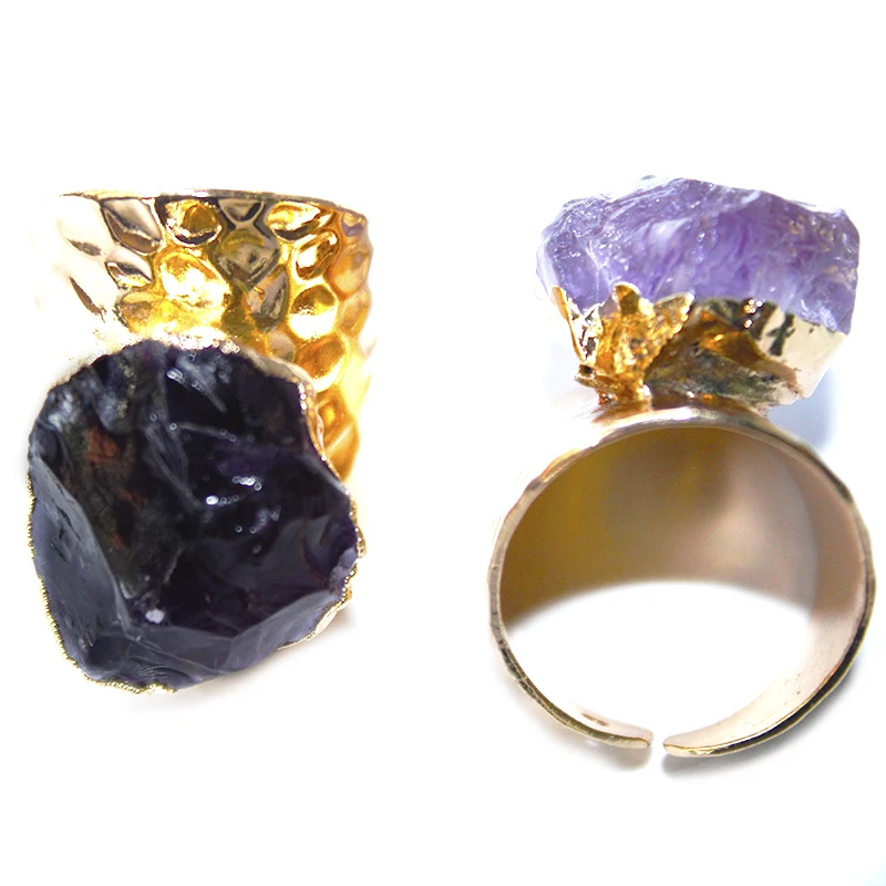 Irregular Raw Amethyst Wide Open Rings for Women Genuine Stone Adjustable Finger Jewelry