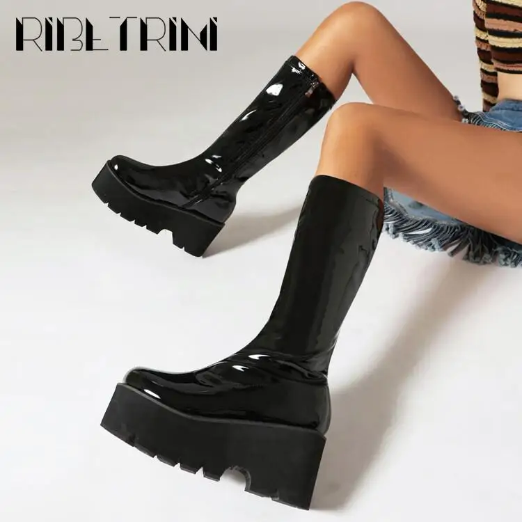 2023 Brand Platfom Boots Women Thick Bottom Mid Calf Block Heel Punk Goth Shoes Top Quality Boots Big Size 43 2023 New Winter