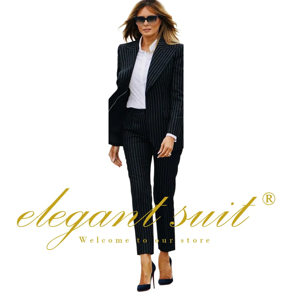 Women\'s black striped 2-piece suit (suit jacket + trousers) suitable for office and formal occasions, customized suit