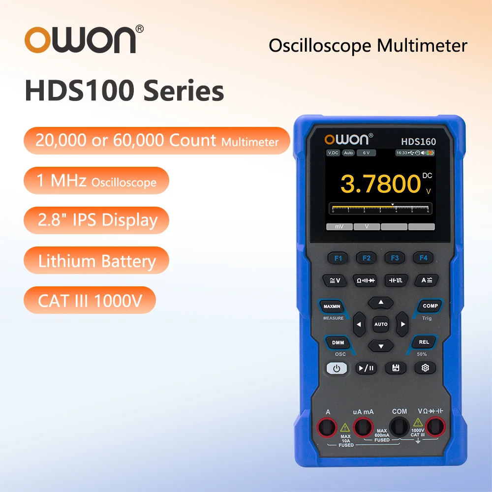OWON HDS120 HDS160 Tragbares 2-in-1 Oszilloskop-Multimeter 1MHz Oszilloskop 2,8-Zoll-IPS-Bildschirm Wiederaufladbare Lithium-Batterie CAT III 1000V