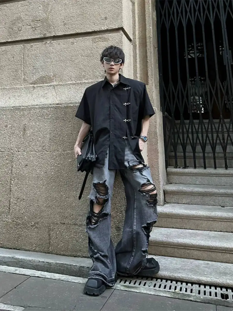 Man Jeans 2026 New Men Vintage Distressed Ripped Denim Pants High Street Raw Edge Destroyed Loose Oversized Long Jeans Punk