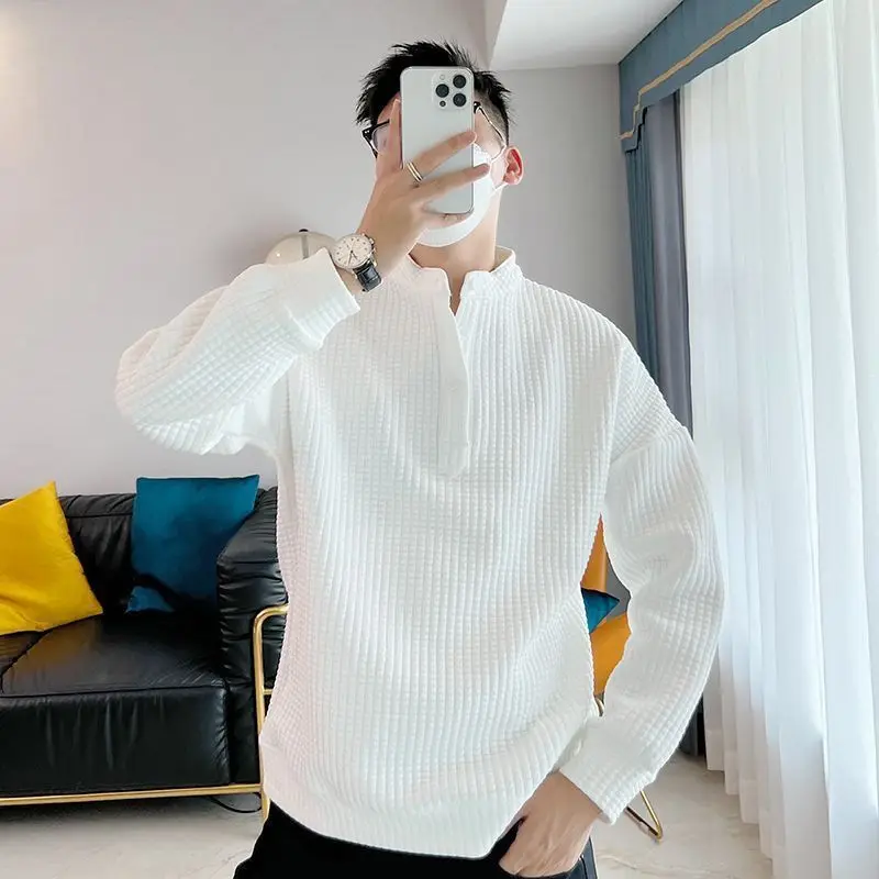 

Waffle Stand Collar Autumn Spring Long Sleeve Men T Shirt New Fashion Casual Warm Oversized Pullover Retro Solid White Slim Top