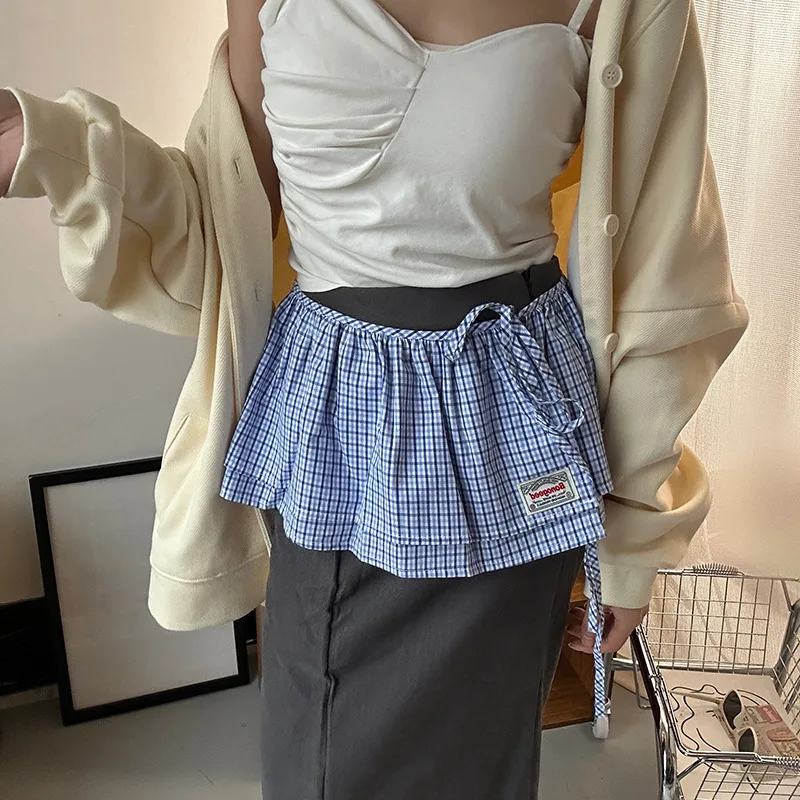 

Korea Fashion Plaid Trim Skirt Curtain Y2K Pastoral Half Skirt Butt Curtain Skirt Apron Stacked Trim Apron Clothing Accessories