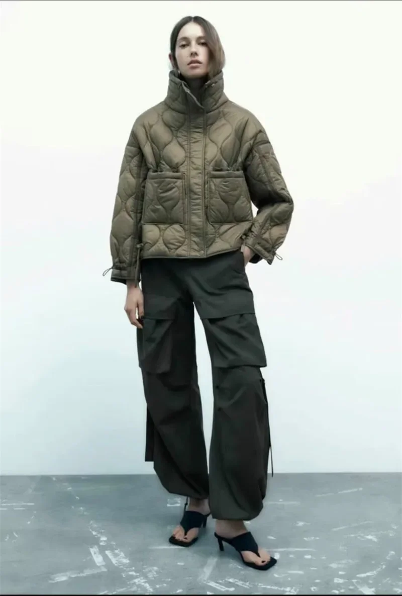 Quilted coat for women ETJ QUILTED JACKET WITH TIES new beige drawstring high neck pocket clip cotton jacket for women 2025