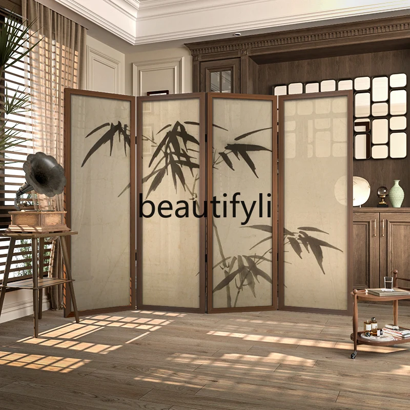 شاشة تقسيم شاشة من الخشب الصلب مصنوعة من الخيزران بالحبر الكلاسيكي على الطراز العصور الوسطى لغرفة المعيشة وغرفة النوم وأريكة قابلة للطي للمدخل
