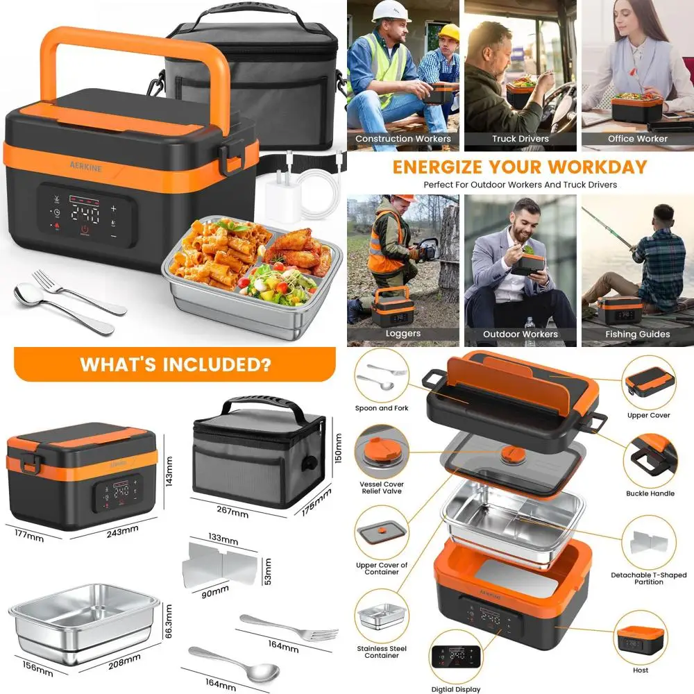 

Rechargeable 75W Self-Heating Food Warmer, 6.3 Cups Stainless Steel Lunch Box for Office, Picnic, Car, Outdoor Use, Adult Portab