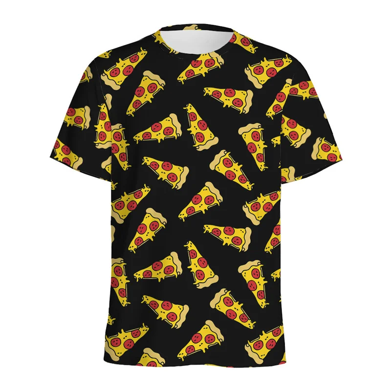 Camiseta psicodélica fofa masculina com padrão de pizza, impressa em 3D, desenhos animados, camiseta com gola redonda, tops soltos de manga curta, verão