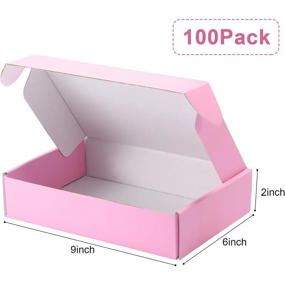 Pacote com 100 pequenas caixas de transporte de papelão rosa para presentes e envio postal, 9x6x2 polegadas